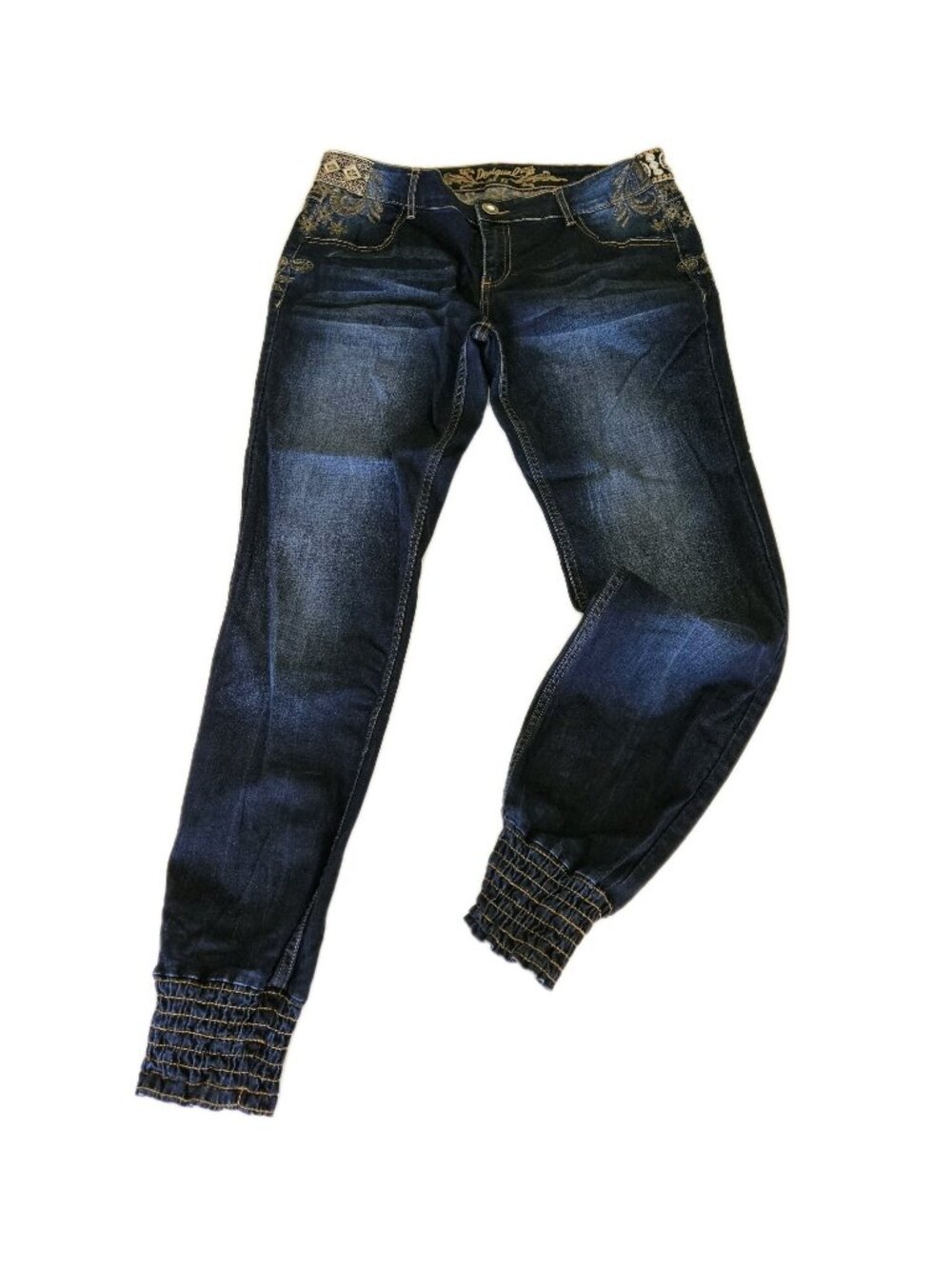 Desigual Jean Jogger Womens M Blue Embellished Embroidered Zip Fly Boho Whimsy
